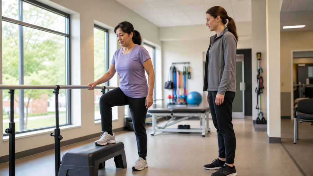 Buffalo Grove patient completing a supported hip-strength assessment with a healthcare professional